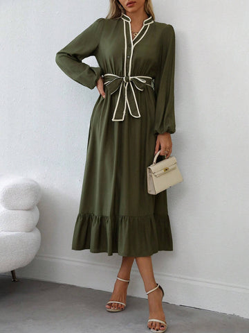 Women's Contrast Color Block Long Sleeve Tie Waist Pleated Midi Dress