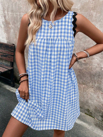 Women's Contrast Color Patchwork Round Neck Sleeveless Pleated Plaid Dress