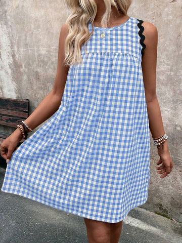 Women's Contrast Color Patchwork Round Neck Sleeveless Pleated Plaid Dress