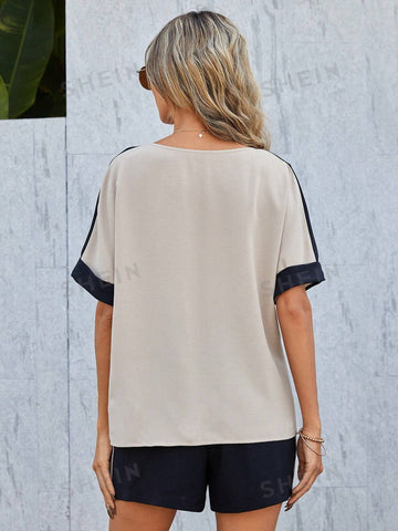 Women's Contrast Color Round Neck Batwing Sleeve Shirt And Shorts 2pcs/Set