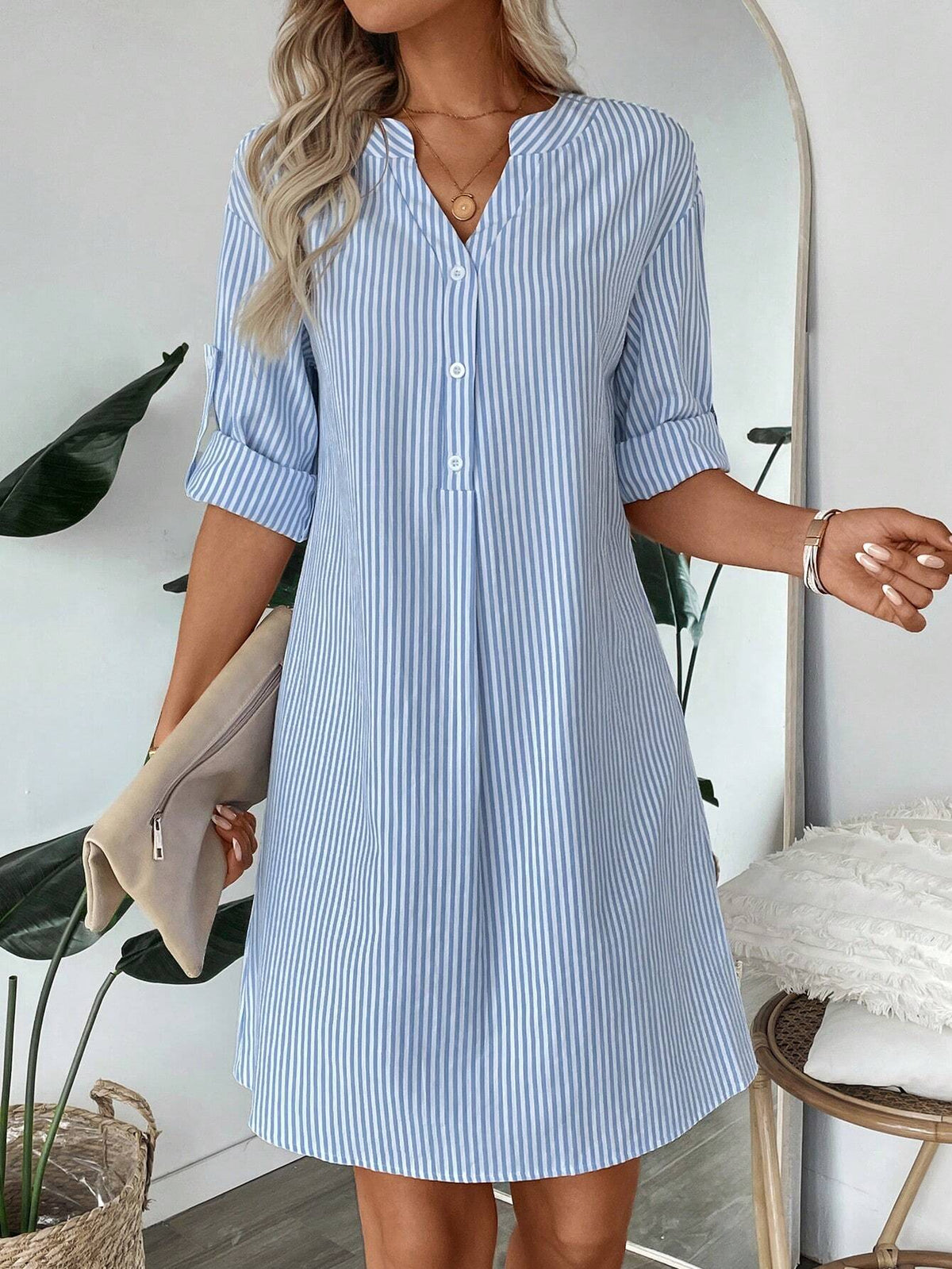 Women's Cotton Striped Dress With V-Neckline, Half-Button Closure, Belted Sleeve Cuffs, A-Lin