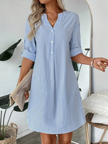 Women's Cotton Striped Dress With V-Neckline, Half-Button Closure, Belted Sleeve Cuffs, A-Lin