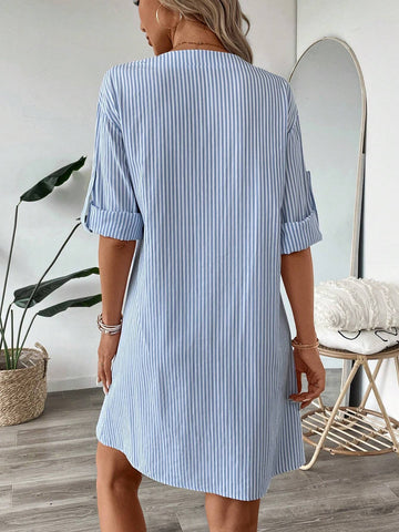 Women's Cotton Striped Dress With V-Neckline, Half-Button Closure, Belted Sleeve Cuffs, A-Lin