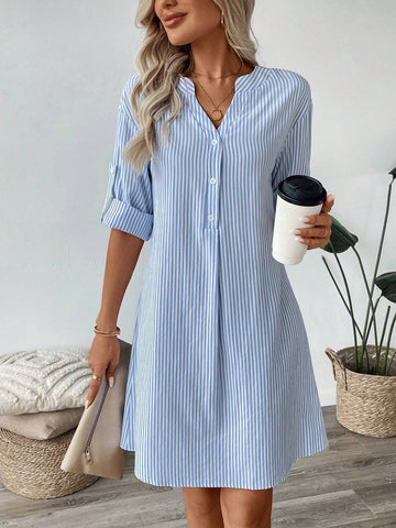 Women's Cotton Striped Dress With V-Neckline, Half-Button Closure, Belted Sleeve Cuffs, A-Lin