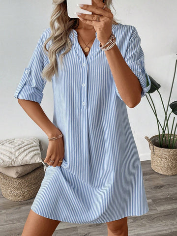 Women's Cotton Striped Dress With V-Neckline, Half-Button Closure, Belted Sleeve Cuffs, A-Lin
