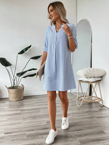 Women's Cotton Striped Dress With V-Neckline, Half-Button Closure, Belted Sleeve Cuffs, A-Lin