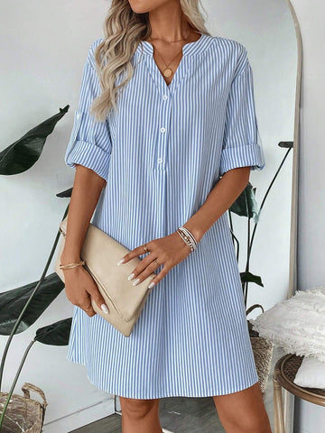 Women's Cotton Striped Dress With V-Neckline, Half-Button Closure, Belted Sleeve Cuffs, A-Lin