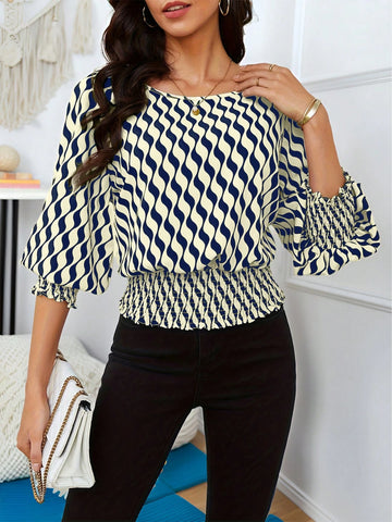 LUNE Women's Crew Neck Long Sleeve All-Over Allover Print Casual Blouse