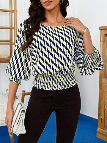 LUNE Women's Crew Neck Long Sleeve All-Over Allover Print Casual Blouse