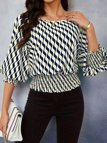 LUNE Women's Crew Neck Long Sleeve All-Over Allover Print Casual Blouse