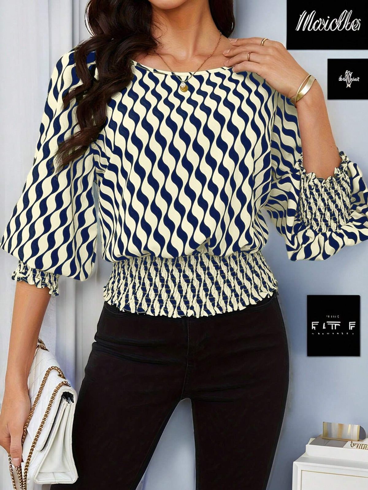 LUNE Women's Crew Neck Long Sleeve All-Over Allover Print Casual Blouse
