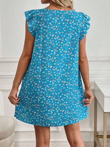 Women's Crew Neck Pleated Ruffle Allover Print Short Casual Dress