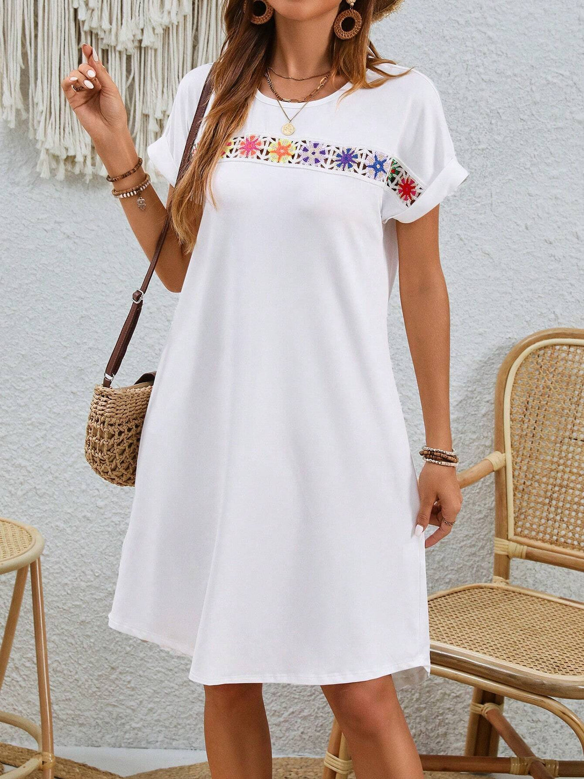 Women's Crochet Patchwork Batwing Sleeve Holiday Casual Dress