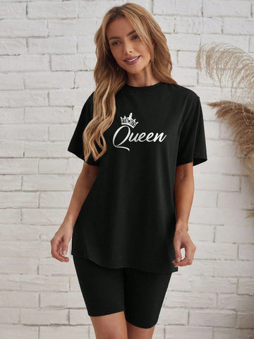 Women's Crown & Letter Black Loose Short Sleeve T-Shirt And Shorts Set, Suitable For Summer