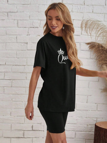 Women's Crown & Letter Black Loose Short Sleeve T-Shirt And Shorts Set, Suitable For Summer