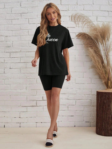 Women's Crown & Letter Black Loose Short Sleeve T-Shirt And Shorts Set, Suitable For Summer
