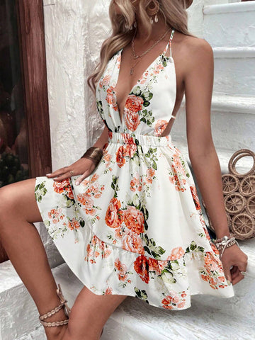 Women's Deep V-Neck Halter Backless Printed Beach Vacation Dress