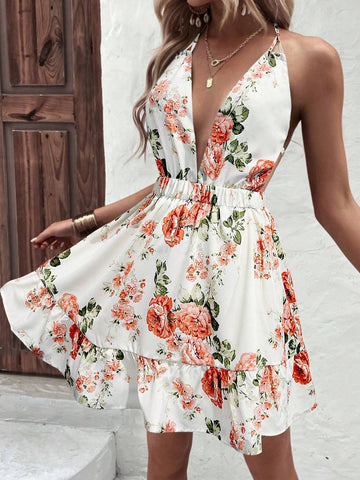 Women's Deep V-Neck Halter Backless Printed Beach Vacation Dress