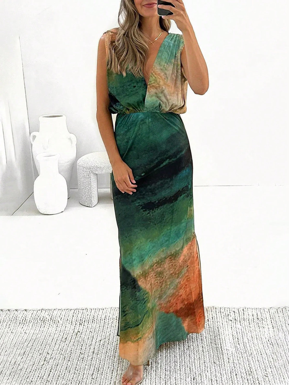 Women's Deep V Tie Dye Sleeveless Dress