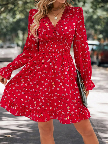 Women's Ditsy Floral & Contrast Lace Ruffle Long Sleeve Elegant Dress