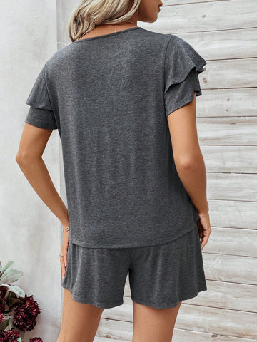 Womens' Double Layer Ruffle Sleeve Top And Shorts Set