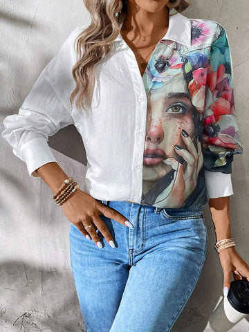 LUNE Women's Drop Shoulder Collar Long Sleeve V-Neck Printed Casual Shirt