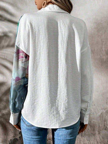 LUNE Women's Drop Shoulder Collar Long Sleeve V-Neck Printed Casual Shirt