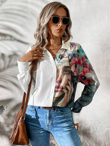 LUNE Women's Drop Shoulder Collar Long Sleeve V-Neck Printed Casual Shirt