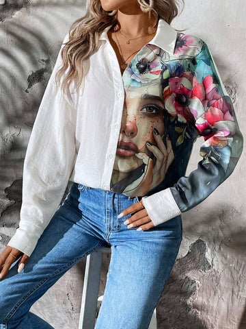 LUNE Women's Drop Shoulder Collar Long Sleeve V-Neck Printed Casual Shirt