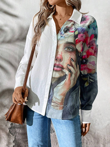 LUNE Women's Drop Shoulder Collar Long Sleeve V-Neck Printed Casual Shirt