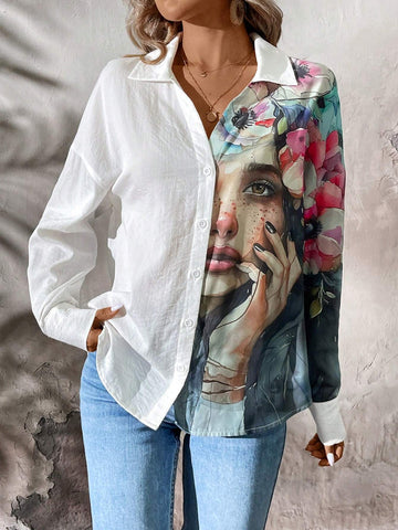 LUNE Women's Drop Shoulder Collar Long Sleeve V-Neck Printed Casual Shirt