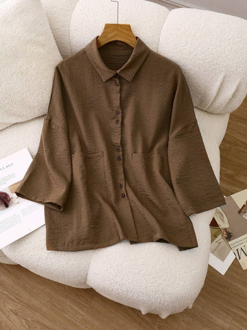 LUNE Women's Drop Shoulder Loose Patch Pocket Short Sleeve Blouse