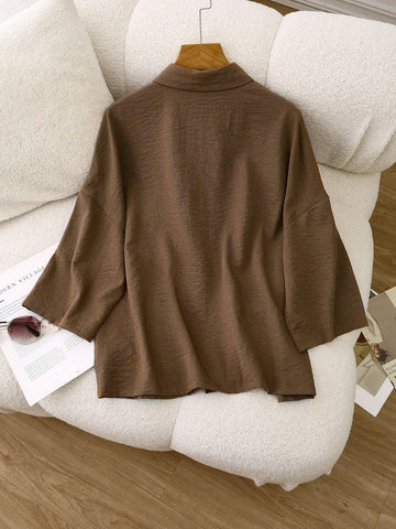 LUNE Women's Drop Shoulder Loose Patch Pocket Short Sleeve Blouse