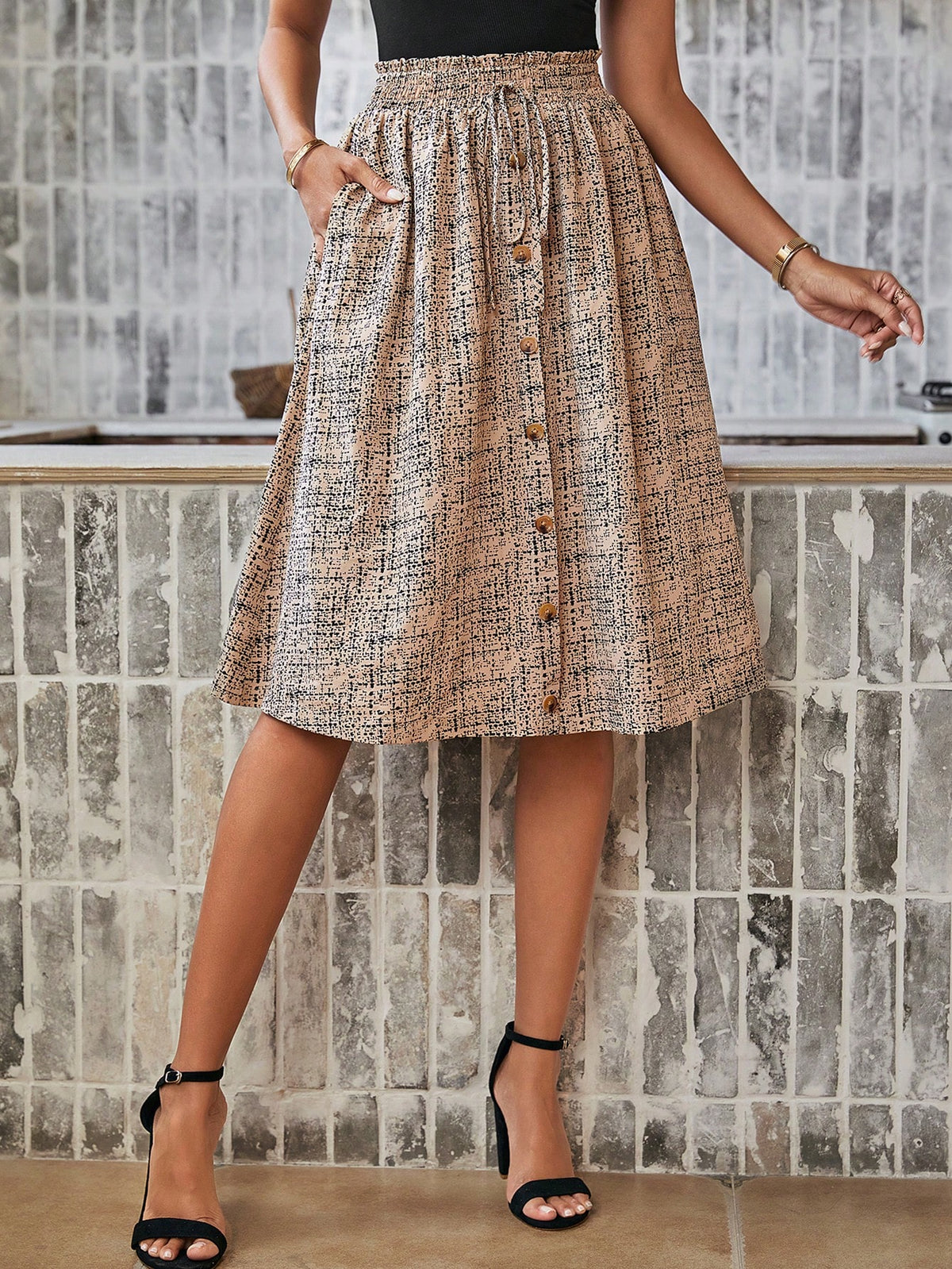 LUNE Women's Elastic Waist Knee Length Skirt