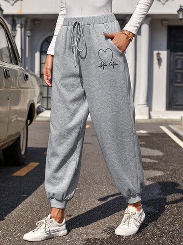 LUNE Women's Elastic Waist Letter & Heart Print Sweatpants