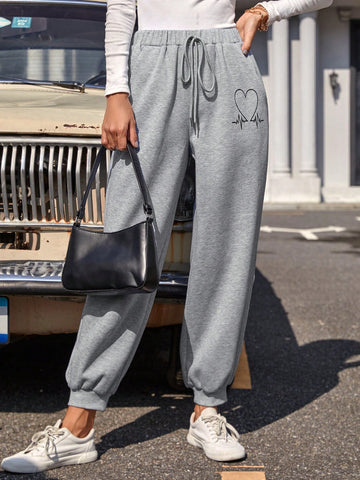 LUNE Women's Elastic Waist Letter & Heart Print Sweatpants
