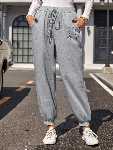 LUNE Women's Elastic Waist Letter & Heart Print Sweatpants