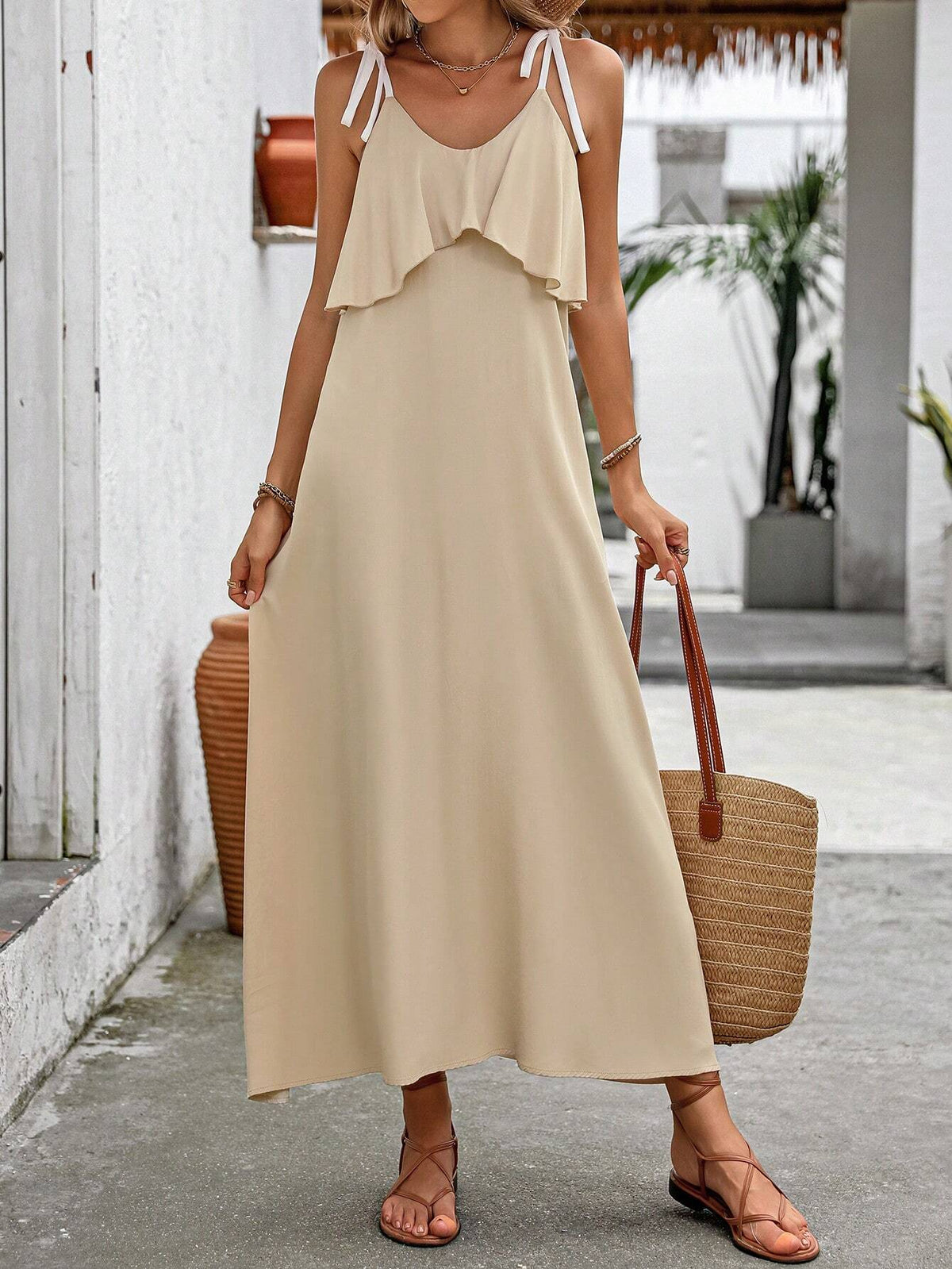 Women's Elegant And Gentle Spaghetti Strap Backless Ruffle Hem Sleeveless Dress SKU: sz2405107511204591