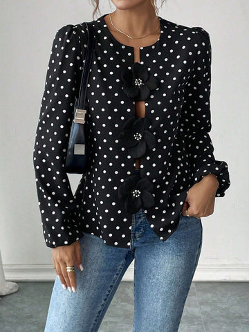 LUNE Women's Elegant Casual 3D Floral & Polka Dot Print Lantern Sleeve Blouse Shirt, Spring/Autumn