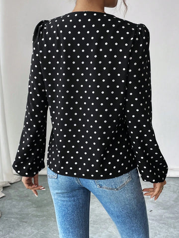 LUNE Women's Elegant Casual 3D Floral & Polka Dot Print Lantern Sleeve Blouse Shirt, Spring/Autumn