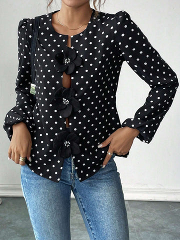 LUNE Women's Elegant Casual 3D Floral & Polka Dot Print Lantern Sleeve Blouse Shirt, Spring/Autumn