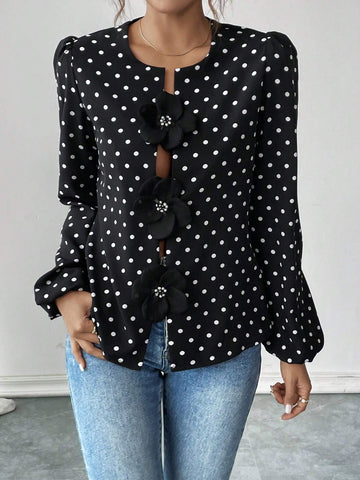 LUNE Women's Elegant Casual 3D Floral & Polka Dot Print Lantern Sleeve Blouse Shirt, Spring/Autumn
