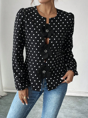 LUNE Women's Elegant Casual 3D Floral & Polka Dot Print Lantern Sleeve Blouse Shirt, Spring/Autumn
