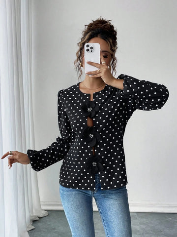 LUNE Women's Elegant Casual 3D Floral & Polka Dot Print Lantern Sleeve Blouse Shirt, Spring/Autumn