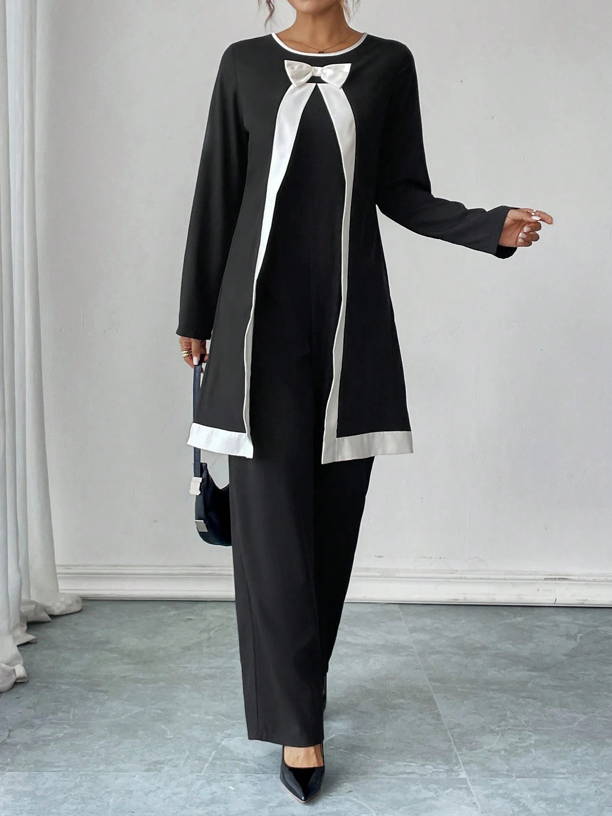 Women's Elegant Contrast Color Crew Neck Long Sleeve Jumpsuit, Autumn/Winter