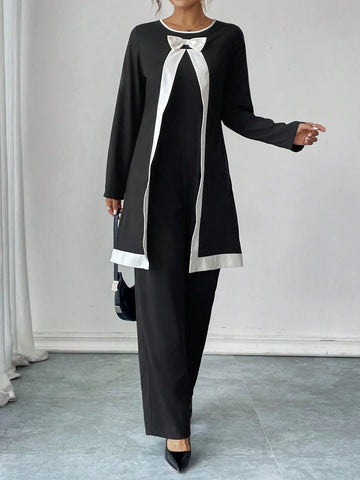 Women's Elegant Contrast Color Crew Neck Long Sleeve Jumpsuit, Autumn/Winter