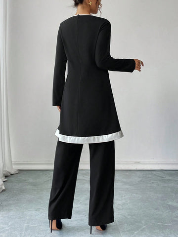 Women's Elegant Contrast Color Crew Neck Long Sleeve Jumpsuit, Autumn/Winter