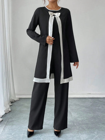 Women's Elegant Contrast Color Crew Neck Long Sleeve Jumpsuit, Autumn/Winter