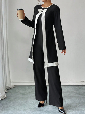 Women's Elegant Contrast Color Crew Neck Long Sleeve Jumpsuit, Autumn/Winter