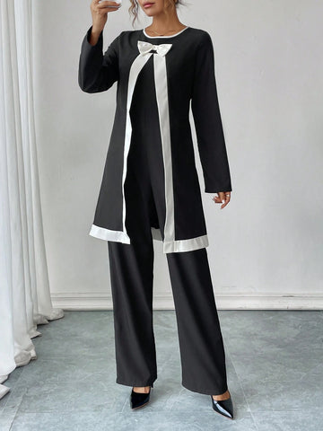 Women's Elegant Contrast Color Crew Neck Long Sleeve Jumpsuit, Autumn/Winter